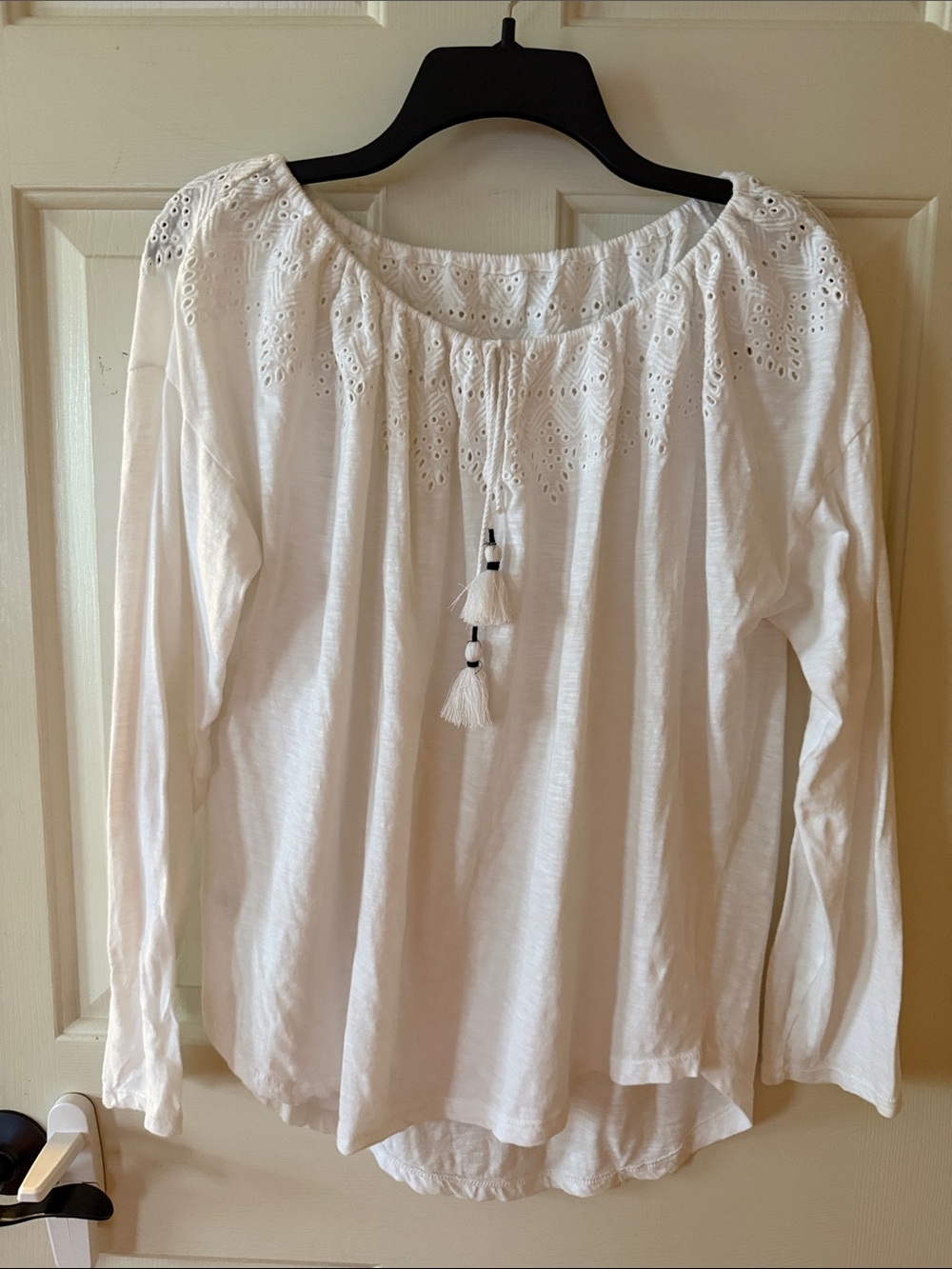 Ann Taylor White Eyelet Peasant Blouse with Tassel Detail